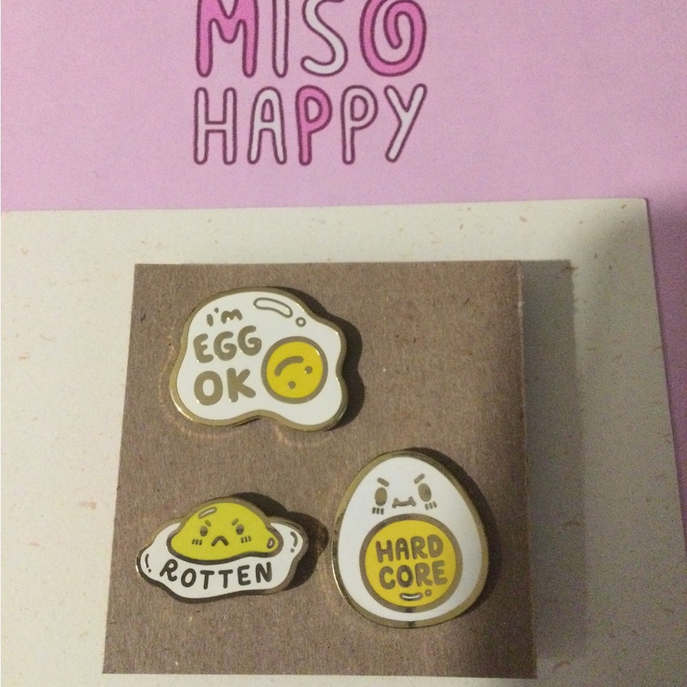 Mis0happy metal lapel humor pins- egg set of 3